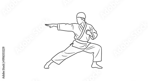 Karate fighter in a defensive stance, black and white illustration