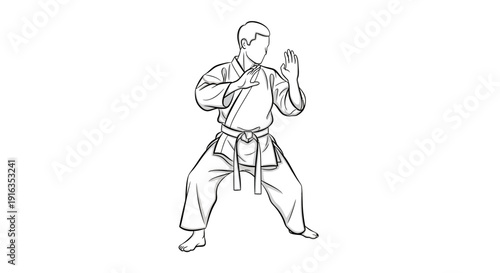 Karate fighter in ready stance, black and white sketch, martial arts training, defensive posture