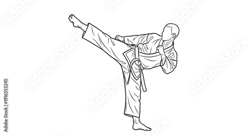 Karate fighter performing a high side kick in a dojo, black and white line art