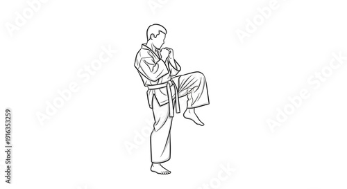 Karate practitioner performing a high knee kick in a martial arts stance, line art