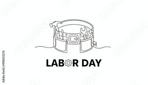 Labor Day Belt with Tools, Single Line Art, Celebrating Workers and Industry