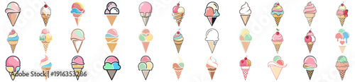 Ice cream icons vector set in flat line style. Collection of colorful cones and scoops with pastel colors. Cute minimal dessert symbols isolated on transparent background for food, menu, and UI design