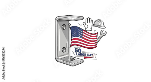 Labor Day Celebration: American Flag, Hard Hat, Wrench, and Glove on White Background