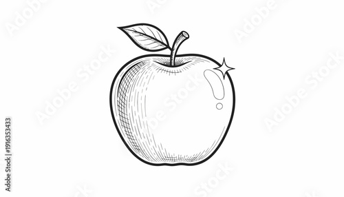 Hand-Drawn Sketch of a Shiny Apple with a Leaf and Stem, Isolated on White Background