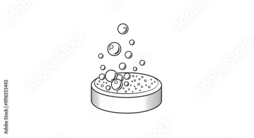 Hand-drawn sketch of a sponge with bubbles rising, representing cleaning and hygiene