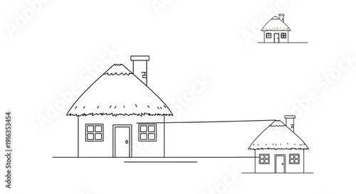 Hand-drawn Sketch of Thatched Roof Houses Connected by Line, Rural Village Scene