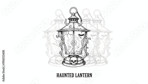 Haunted Lantern with Skulls and Bat Illustration