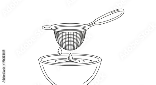 Hand straining liquid through sieve into bowl, water drops falling, illustration