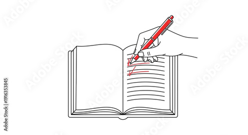 Hand writing with red pen in open book, editing text, making notes, studying, learning, creativity