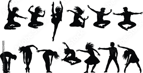 Dancing people silhouette set illustration showing expressive jump and motion poses for performance art fitness vector design