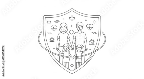 Family protected by a shield with medical and health symbols representing safety and care