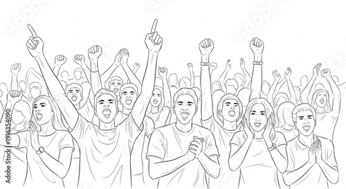 Diverse crowd of people cheering and celebrating with raised arms and fists in excitement and joy on white background