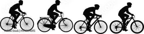 Cyclist silhouettes set with different bicycle types isolated on white background active lifestyle sport transportation vector illustration collection design