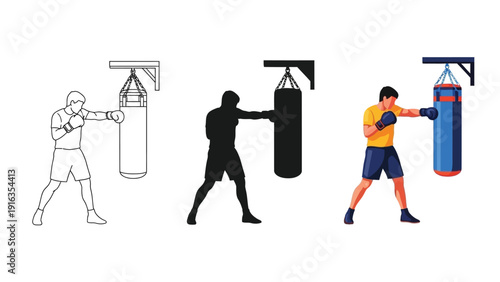 Set of three illustrations showing a boxer punching a heavy bag outline drawing, silhouette and fullcolor graphic representation