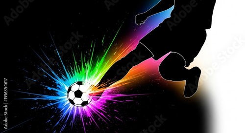 Silhouette of soccer player kicking ball with vibrant rainbow explosion dynamic motion and energy