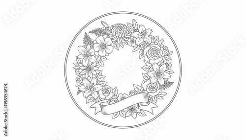 Floral Wreath with Ribbon Banner - Hand-Drawn Outline Illustration
