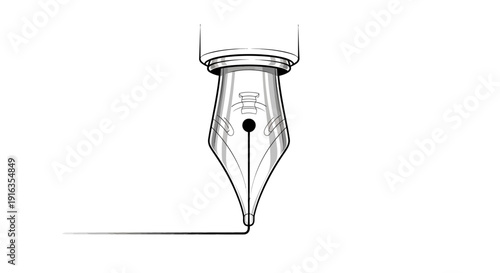 Fountain Pen Nib Writing Line on White Background, Classic Calligraphy Tool
