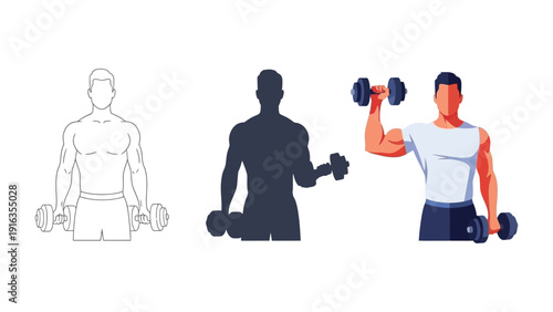 Man exercising with dumbbells, showing three stages outline drawing, silhouette and full color illustration of weightlifting for fitness and strength training