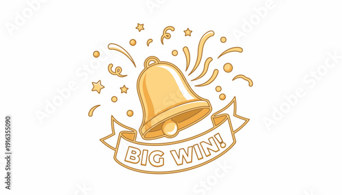 Golden Bell Ringing with "Big Win!" Banner and Confetti - Celebration and Jackpot Concept