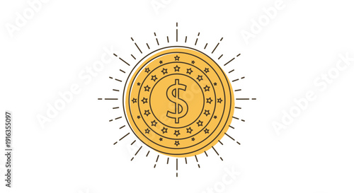 Golden Coin with Dollar Sign and Sunburst Effect, Symbolizing Wealth and Success