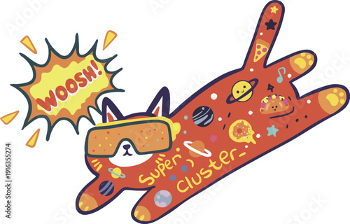 unny space cat character wearing VR headset flying with planets and fast food icons in colorful pop art doodle style.