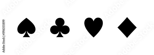 Set of black playing card suit symbols. Minimalist heart, spade, club, and diamond vector icon collection