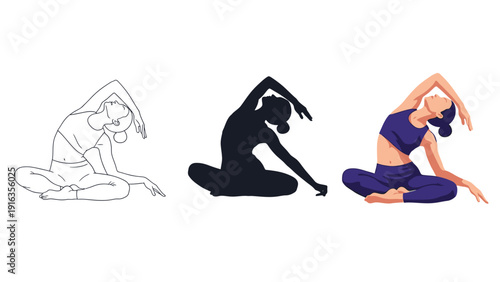Woman practicing yoga seated side bend stretch, illustration set showing outline, silhouette and full color versions