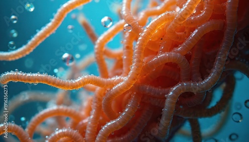 Microscopic view shows clump of segmented orange parasitic worms. Tiny bubbles float around the organisms. Scientific research into helminths biology and infection.