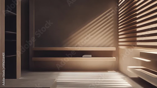 Minimalist room featuring warm tones, light and shadow play, horizontal blinds on the wall, and various shelves, creating an abstract and textured architectural space