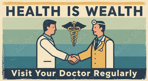 Healthcare professionals shaking hands with medical symbol and health is wealth slogan