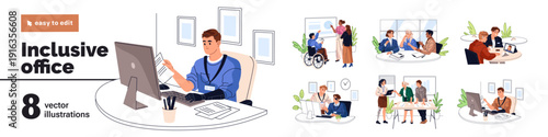 Inclusive office set. Employees with disabilities are at workplace. Workers in wheelchair, with prosthesis. Diverse colleagues work together. Flat isolated vector illustrations on white background