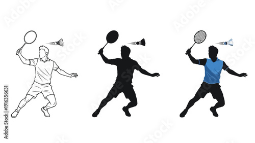 Badminton player serving or hitting shuttlecock in three styles outline sketch, solid silhouette and colored graphic illustration