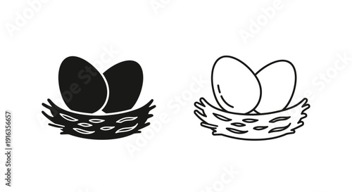 Two nests with eggs illustration, minimalist line drawing of bird eggs in nests Vector