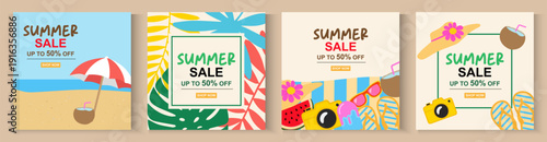 Summer backgrounds, cards, banner templates.  Summer sale festival promotion poster yellow and light blue concept design with tropical beach elements and wooden coconut,sun on blue sky background.
