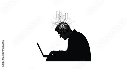 Silhouette of a man using a laptop with digital connections above his head
