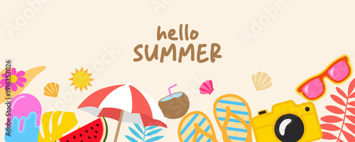 Summer backgrounds, cards, banner templates.  Summer sale festival promotion poster yellow and light blue concept design with tropical beach elements and wooden coconut,sun on blue sky background.