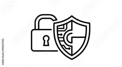 Security icon featuring an open padlock and shield with circuit board design