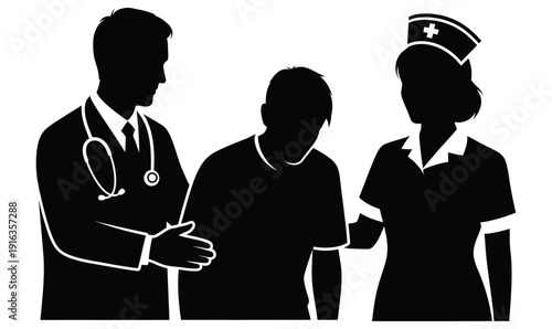 Doctor and nurse help the patient silhouette medical vector,no color,no shadow_26