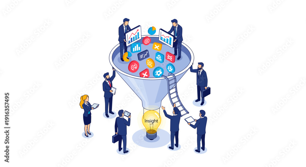 Fototapeta premium Business Professionals Collaborating Around Funnel Diagram.