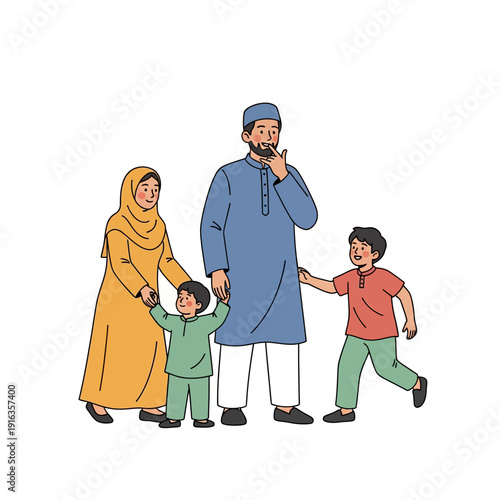 Illustration of a Muslim family walking together happily.