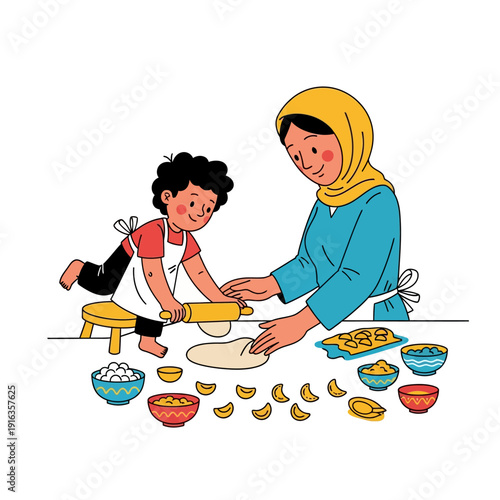 Mother and child preparing traditional food together in the kitchen.