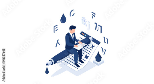 Businessman Writing on Large Paper with Giant Pen.