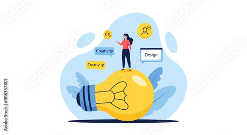 Creative businesswoman standing on giant light bulb.