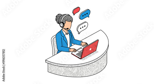 Customer Service Representative Working on Laptop with Headset.