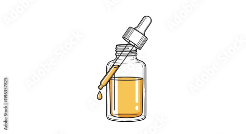 Dropper bottle with yellow liquid and falling drop, skincare serum, oil, medicine, cosmetic essence