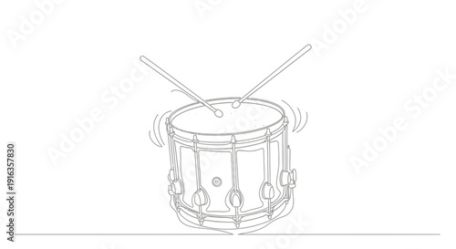 Drum with drumsticks and sound waves, continuous line drawing