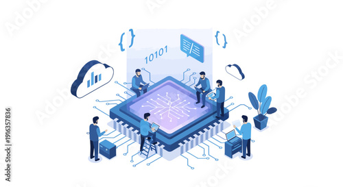 Digital Microchip Technology with People Interaction Concept.