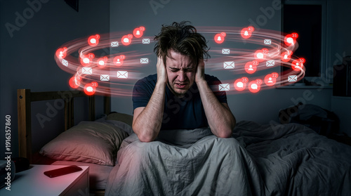 Man sits in bed with hands on head while looking stressed by notifications around him. Dark room with minimal light creates an atmosphere of anxiety