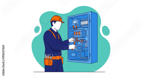 Electrician Working on Electrical Panel with Tools.
