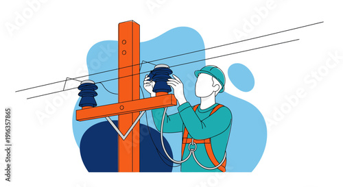 Electrician Working on Power Line Pole Safety Gear.